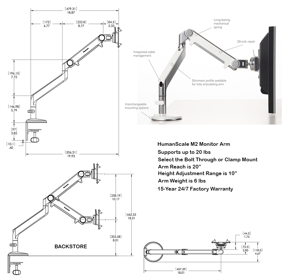 HumanScale M2 M2.1 Monitor Arm Ergonomic Seating Monitor Arms by